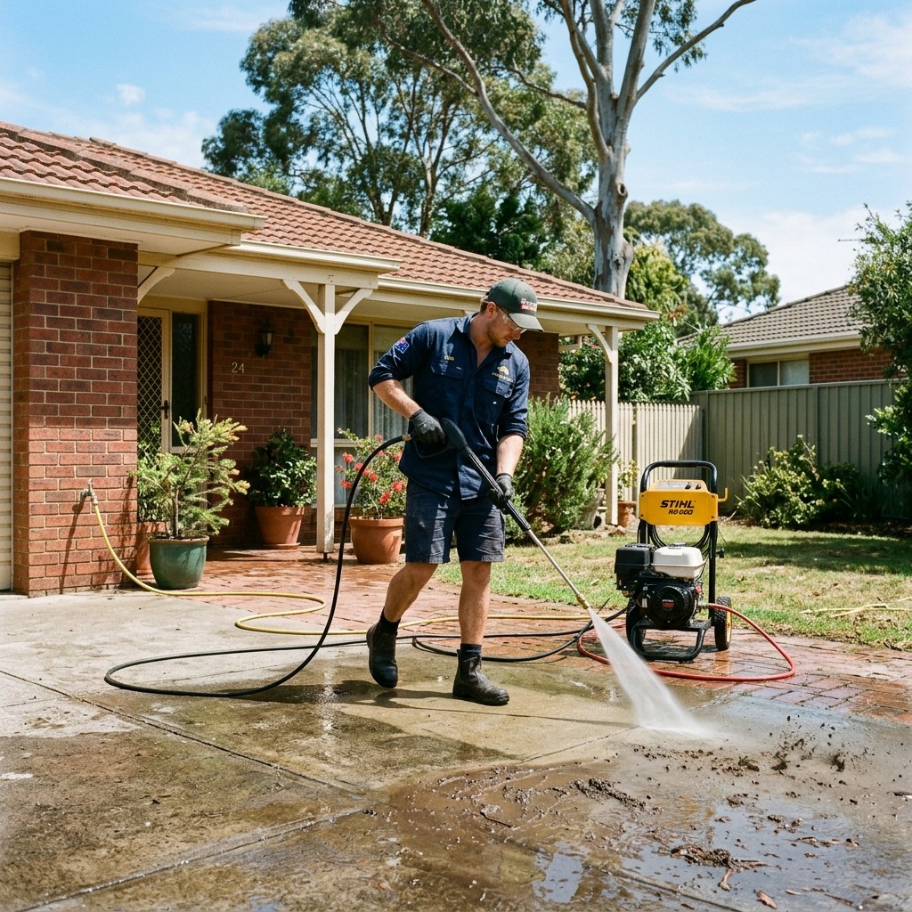 Pressure washing a paved driveway