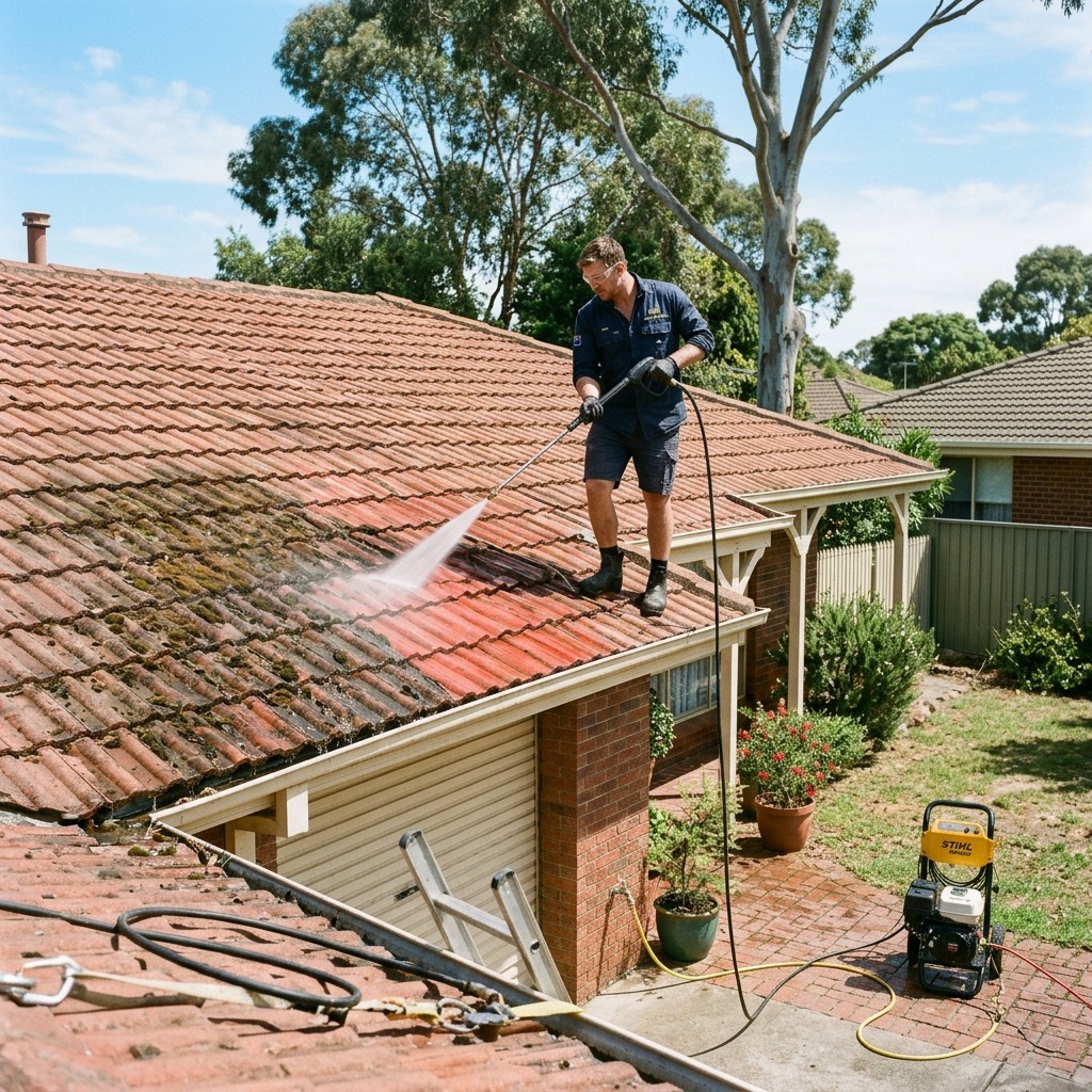 Worker pressure-washing a tiled roof